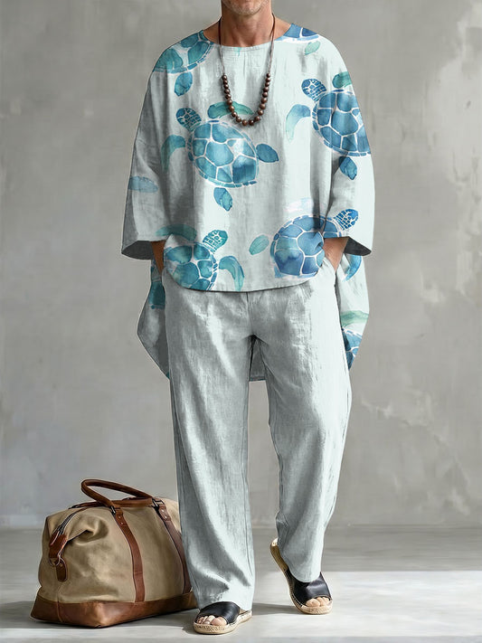 Summer Colorful Sea Turtle Decorative Pattern Long Sleeve Cotton Linen Top And Pants Two Piece Set