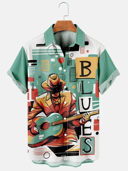 Men'S Casual Simple Blues Music Guitar Print Short Sleeve Hawaiian Shirt