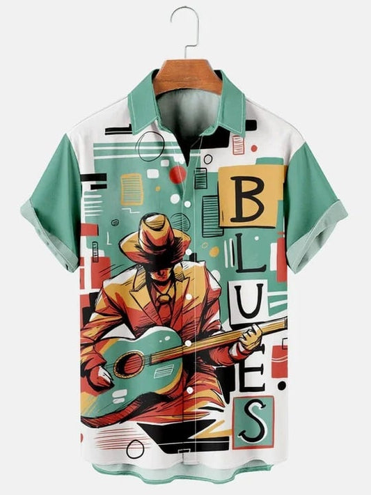 Men'S Casual Simple Blues Music Guitar Print Short Sleeve Hawaiian Shirt