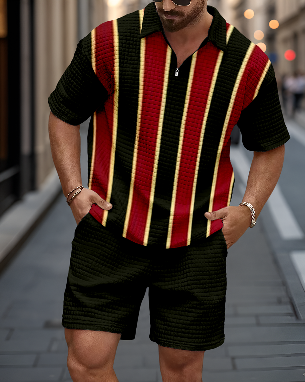 Men's Casual Art Print Waffle Texture Summer Polo Set 066