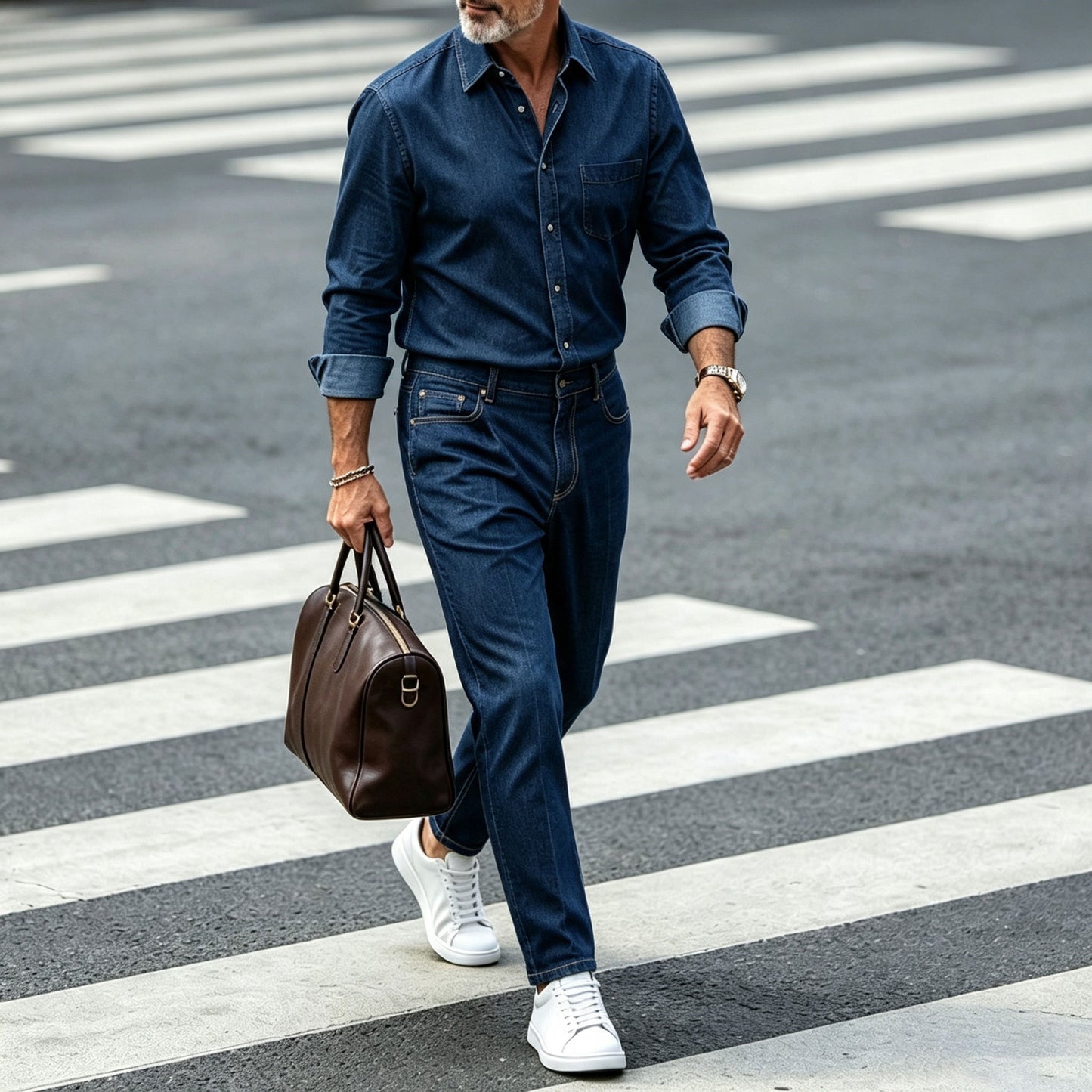 Men's Denim-Colored Long-Sleeve Shirt and Pants Set with a Collar