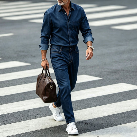 Men's Denim-Colored Long-Sleeve Shirt and Pants Set with a Collar