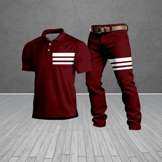 Men's Casual Red & White Geometric Pattern Short-Sleeved Polo Shirt And Trousers Two-Piece Set