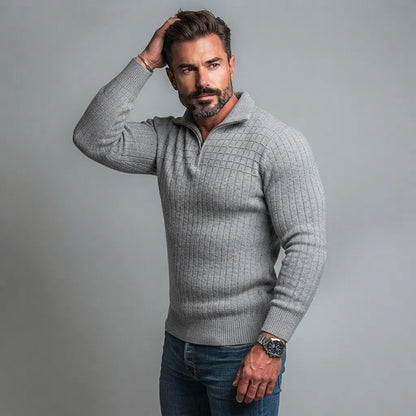 Men's Casual Gray Textured Ribbed Knit Slim Fit Quarter Zip Pullover Sweater