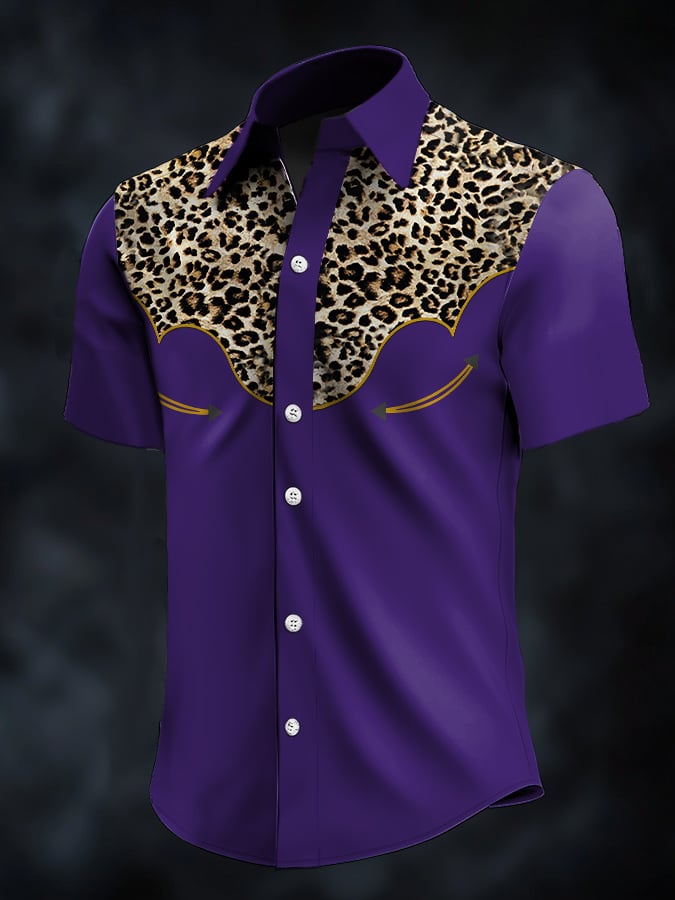 Men's Retro Western Contrast Print Short Sleeve Casual Shirt