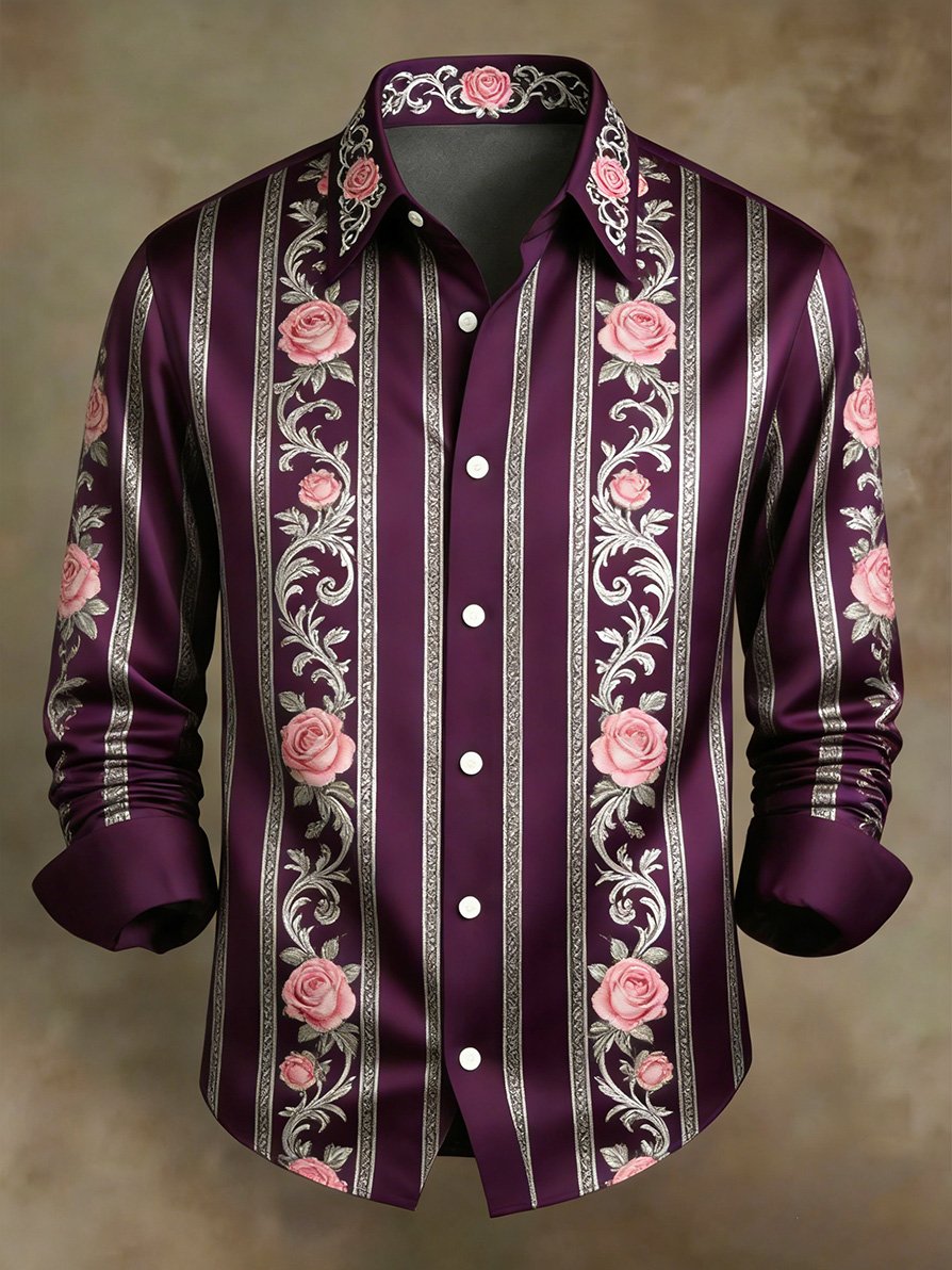 Men's Retro Business Color Block Striped Pattern Long-Sleeve Shirt