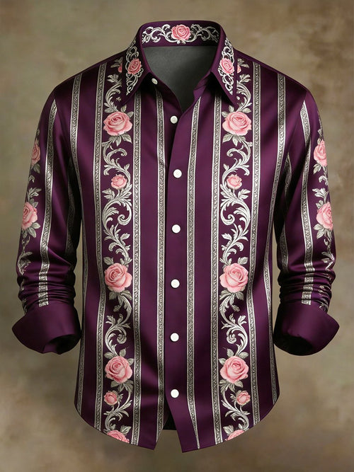 Men's Retro Business Color Block Striped Pattern Long-Sleeve Shirt
