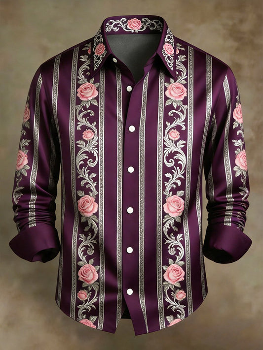 Men's Retro Business Color Block Striped Pattern Long-Sleeve Shirt