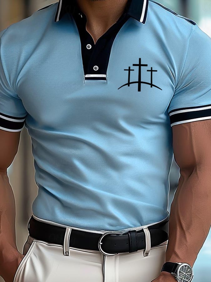Men's Retro Faith Design Printed Comfortable And Breathable Casual Polo Shirt