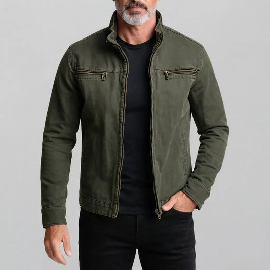 Men's Vintage Army Green Stand Collar Zipper Pockets Slim Jacket
