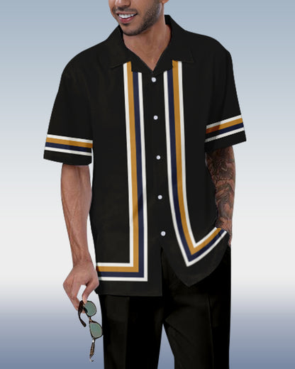 Rianmond Men's Vintage Print Short Sleeve Shirt Walking Set 412