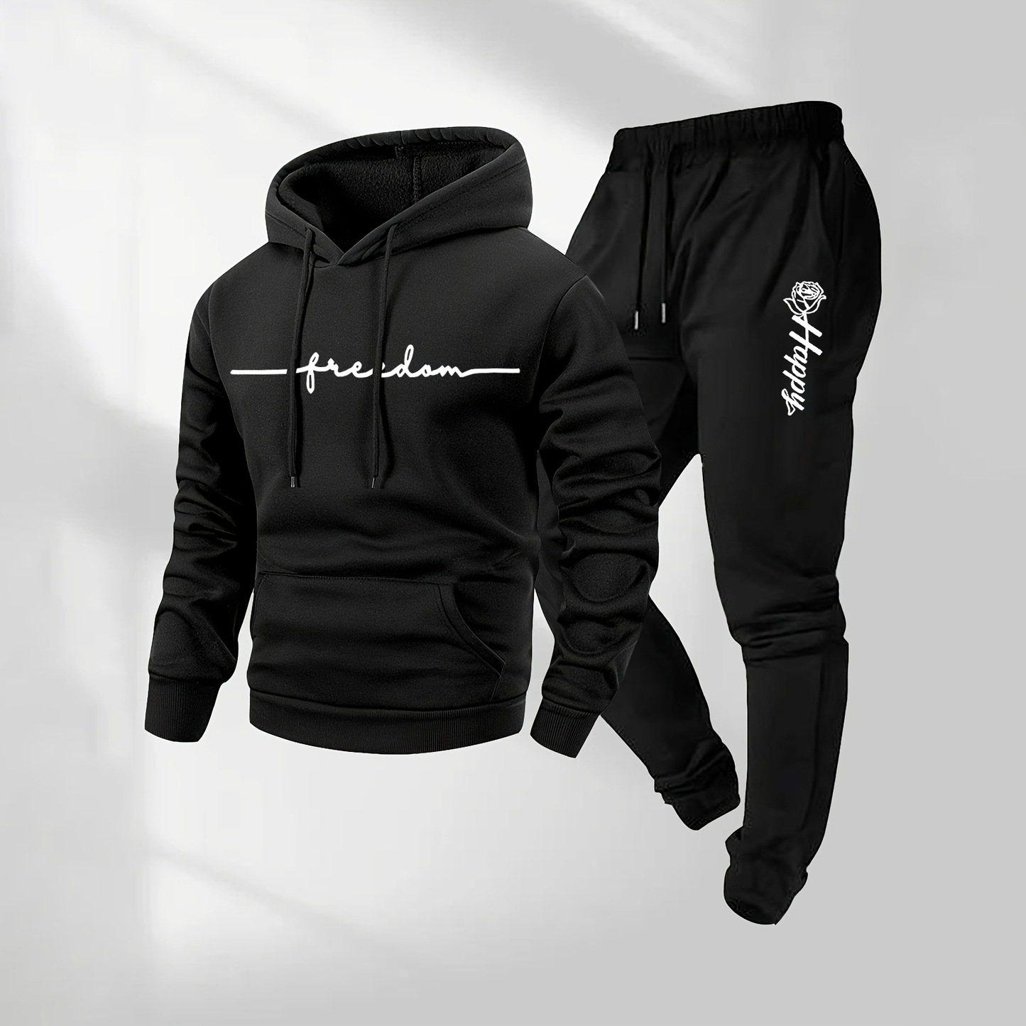 Men's Rose Pattern Print Hoodie and Drawstring Sweatpants Set, Menswear, Casual Athletic Long Sleeve Hooded Jacket & Trousers for Fall & Winter, Men's Clothing for Daily Wear, Sportswear Indoor Outdoor, Tracksuit, Athleisure