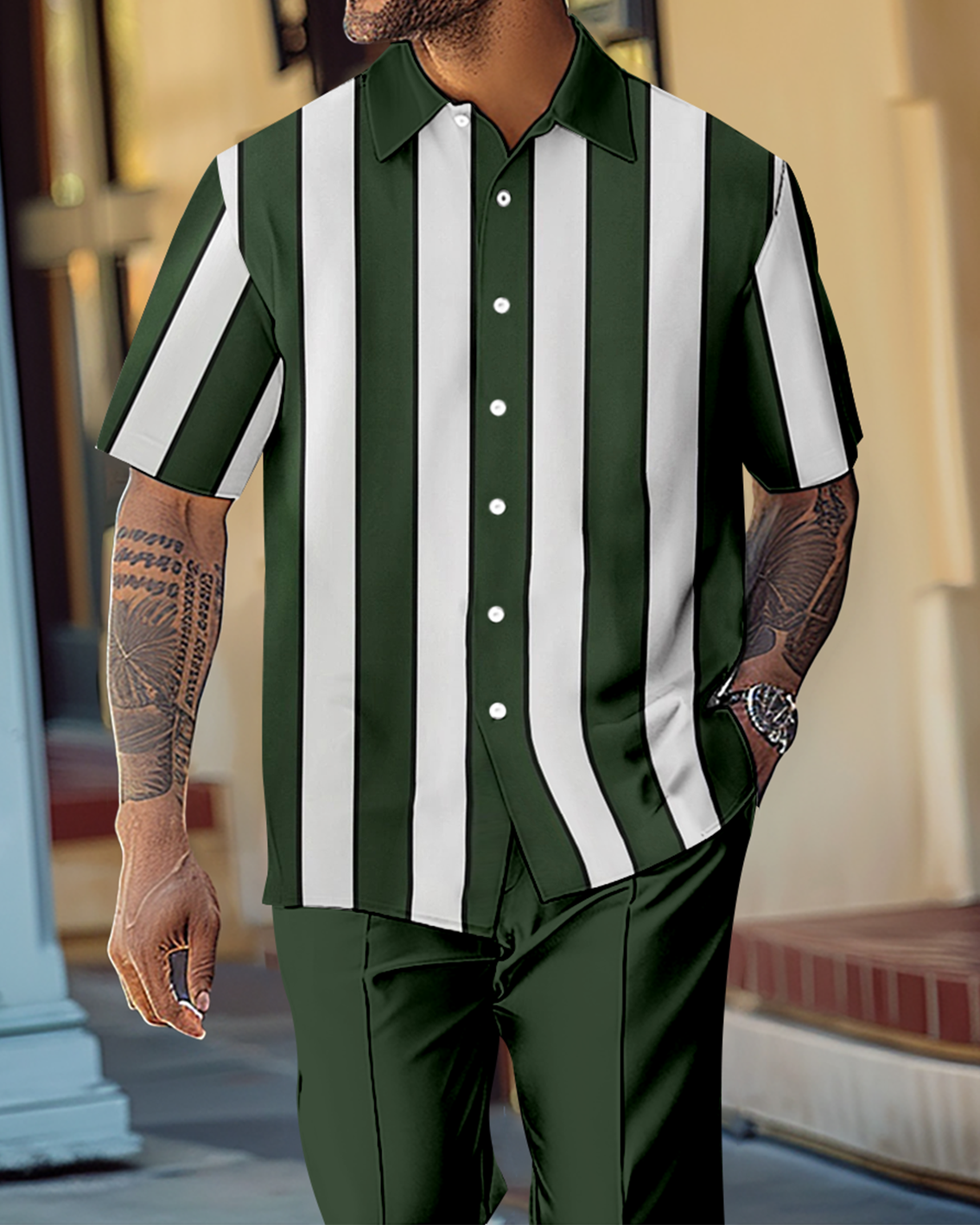 Men's Retro Colorblock Short Sleeve Shirt Walking Suit 1159