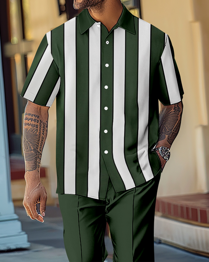 Men's Retro Colorblock Short Sleeve Shirt Walking Suit 1159