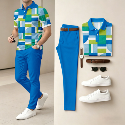 Men's Colored Geometry Casual Printed Polo Shirt And Pants Two-Piece Set