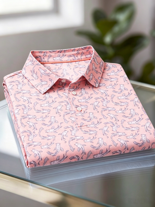 Men's Business Casual Jacquard Button Short Sleeve Polo Shirt
