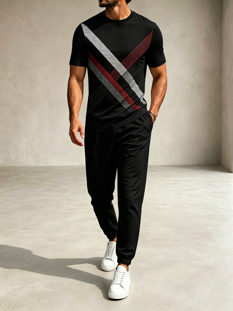 Men's Casual Black & Burgundy Color Matching Geometric Printed Round Neck T-Shirt & Pants Two-Piece Set