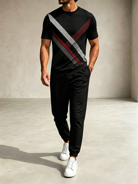 Men's Casual Black & Burgundy Color Matching Geometric Printed Round Neck T-Shirt & Pants Two-Piece Set