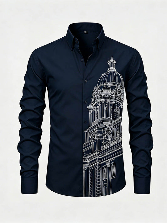 Men's Navy Striped Printed Long Sleeve Shirt