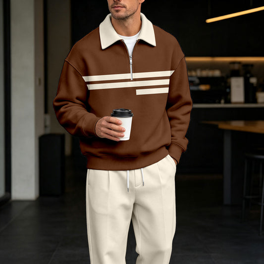 Men's Color-Blocked Striped Zipper Polo Shirt and Pants Set