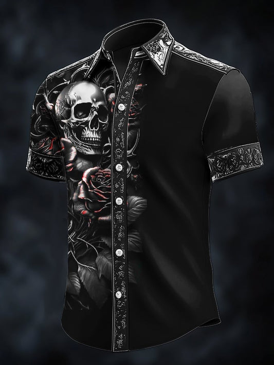 Men's Casual Fashion Skull Floral Short-Sleeved Shirt
