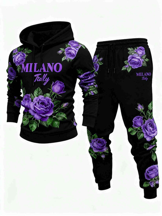 Men's Casual Black & Purple Rose Printed Hoodies Long Sleeved Sweatshirts & Sweatpants Two-Piece Set