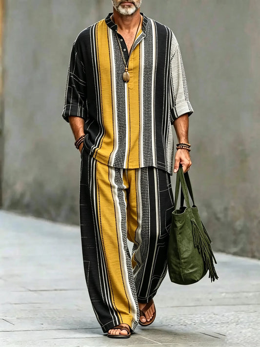 Men's Vintage Abstract Art Printed Cotton Shirt Set (Top & Pants)