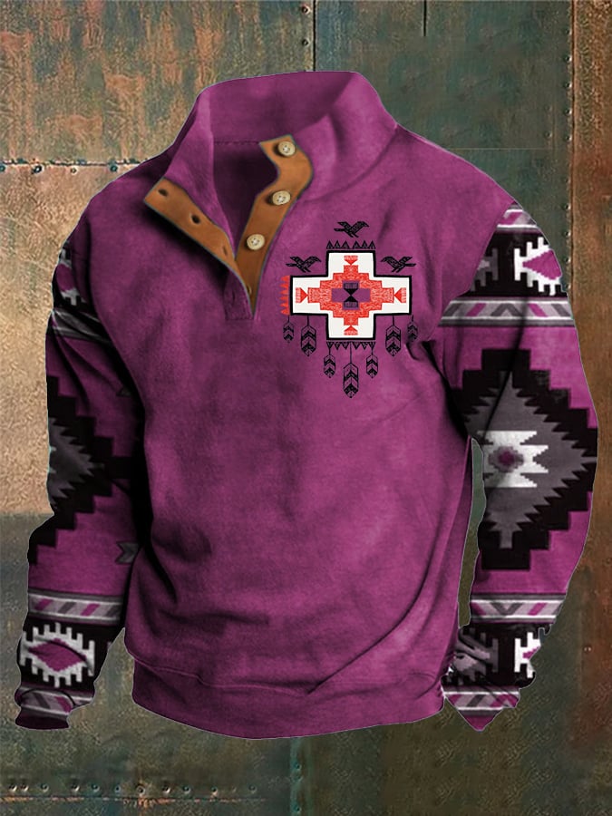 Men's Western Style Printed Stand Collar Button Sweatshirt