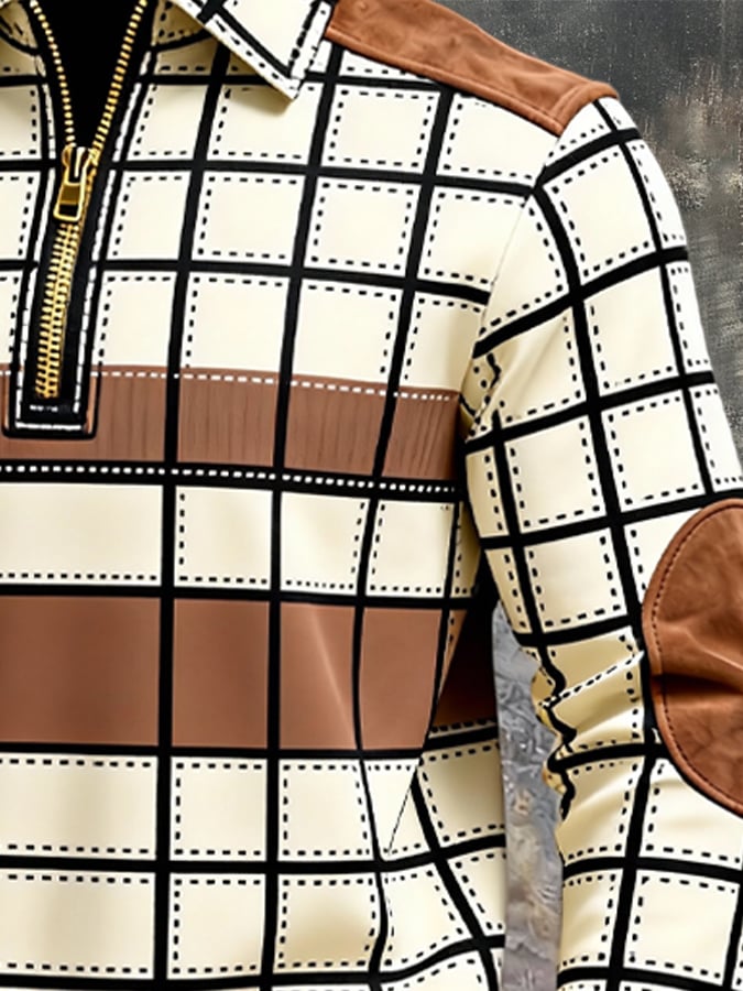 Men's Retro Color Block Print Zipper Sweatshirt