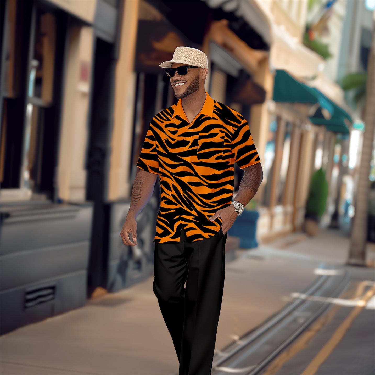 Men's Retro Tiger Pattern Colorblock Short Sleeve Shirt Walking Suit 1653