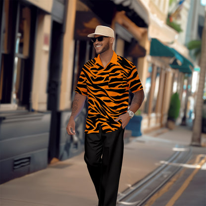 Men's Retro Tiger Pattern Colorblock Short Sleeve Shirt Walking Suit 1653