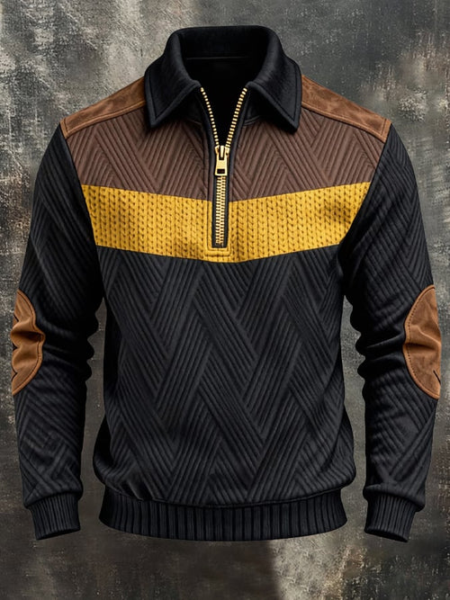 Men's Retro Color Block Print Zipper Sweatshirt