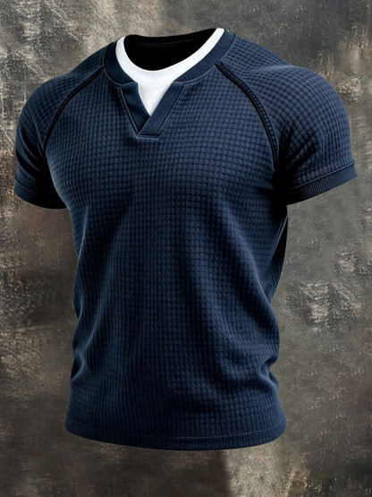 Men's Retro Waffle Fake Two-Piece Short Sleeve T-Shirt