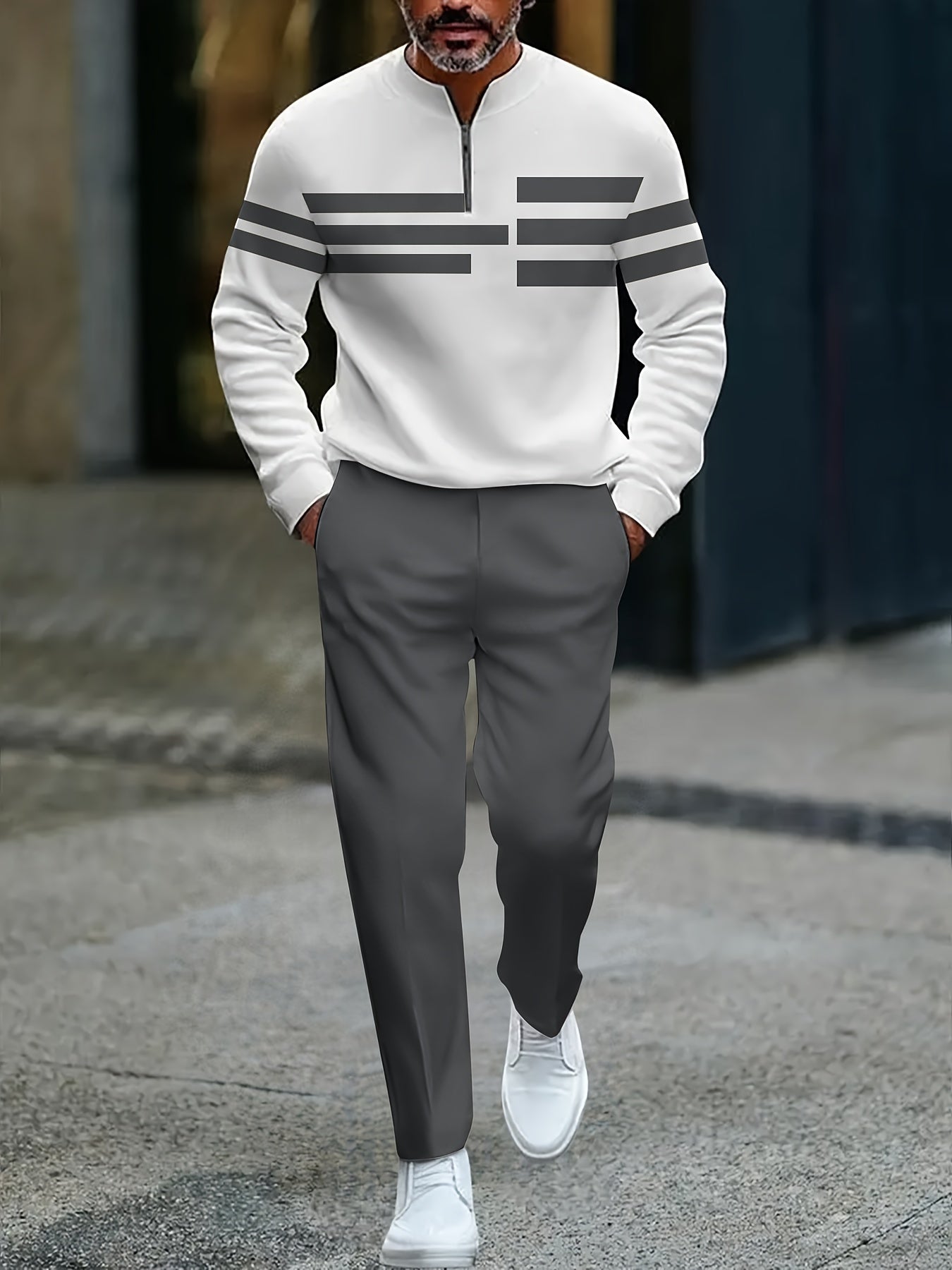 Men's Casual Color Matching Printed Round-Neck Zipper Long Sleeved Trousers Two-Piece Set