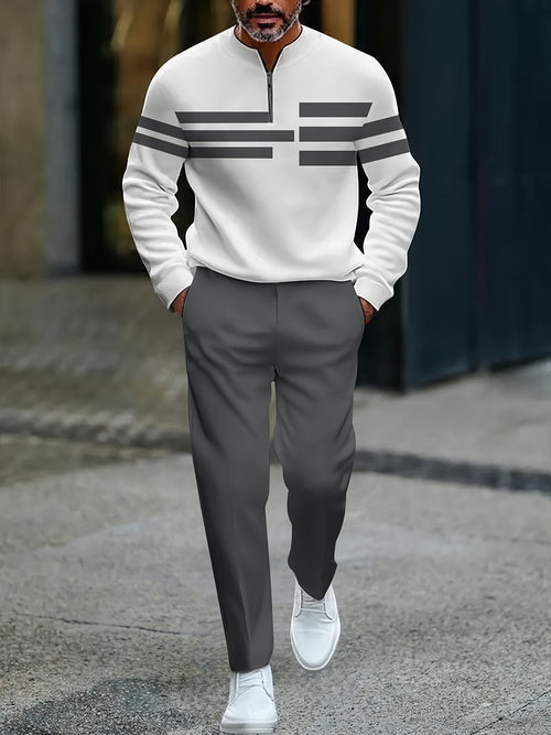 Men's Casual Color Matching Printed Round-Neck Zipper Long Sleeved Trousers Two-Piece Set