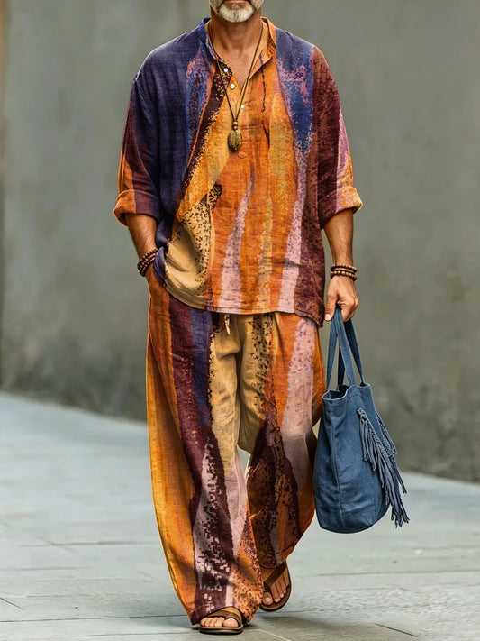Men's Fashionable Abstract Stripe Art Print Cotton Shirt Set
