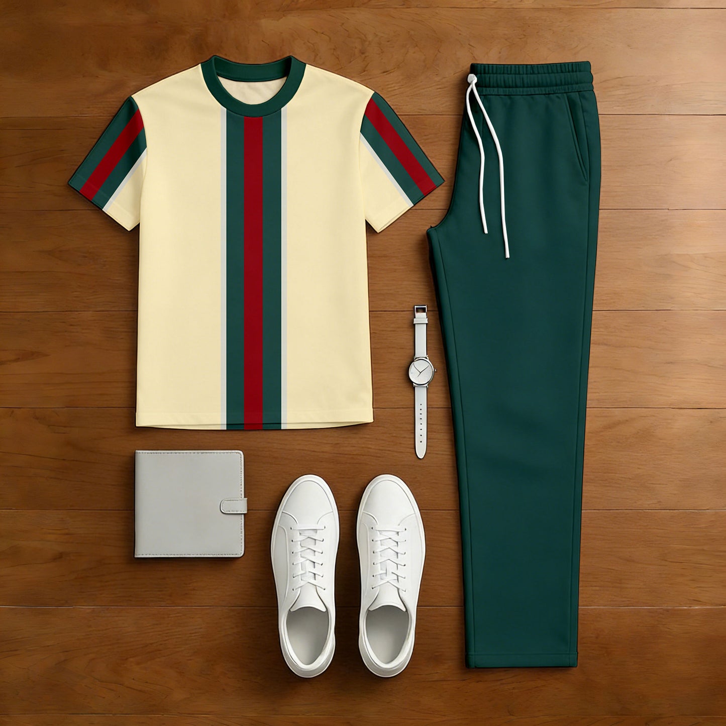 Men's Casual Green & Yellow Color Matching Printed Short Sleeved T-Shirt & Trousers Two-Piece Set