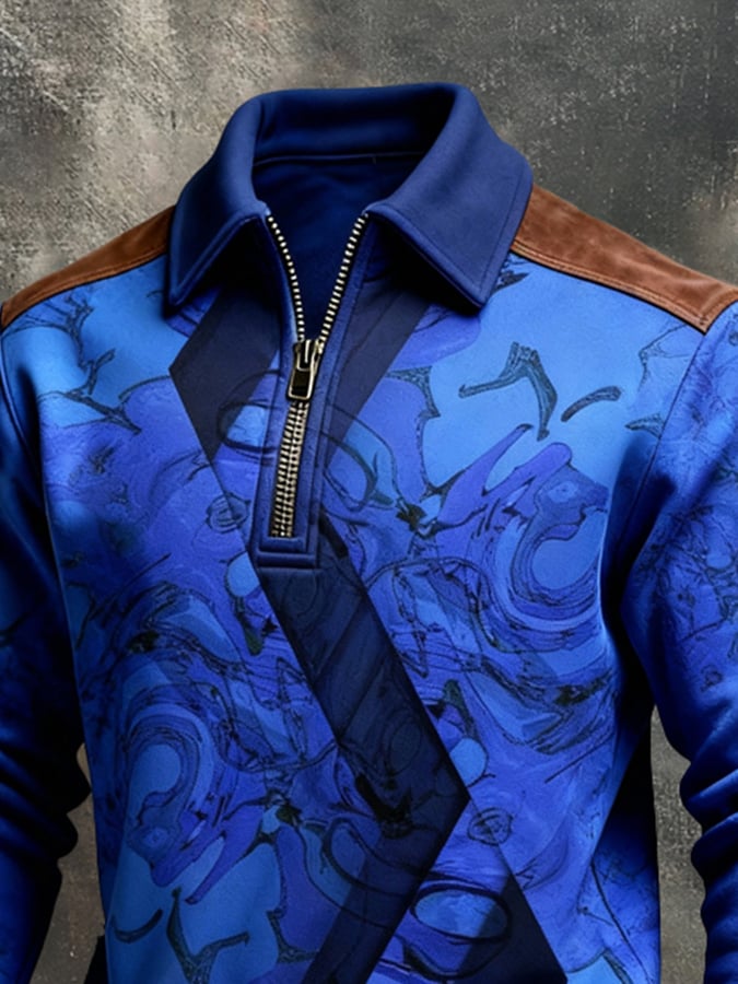 Men's Retro Color Block Print Color-Blocked Zip-Up Sweatshirt