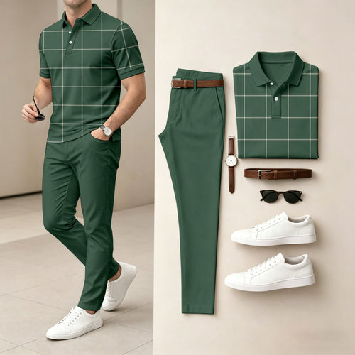 Men's Casual Dark Green Plaid Printed Polo Shirt And Pants Two-Piece Set