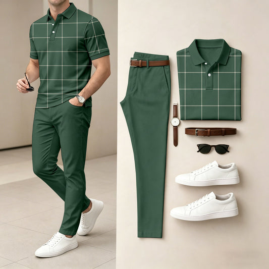 Men's Casual Dark Green Plaid Printed Polo Shirt And Pants Two-Piece Set