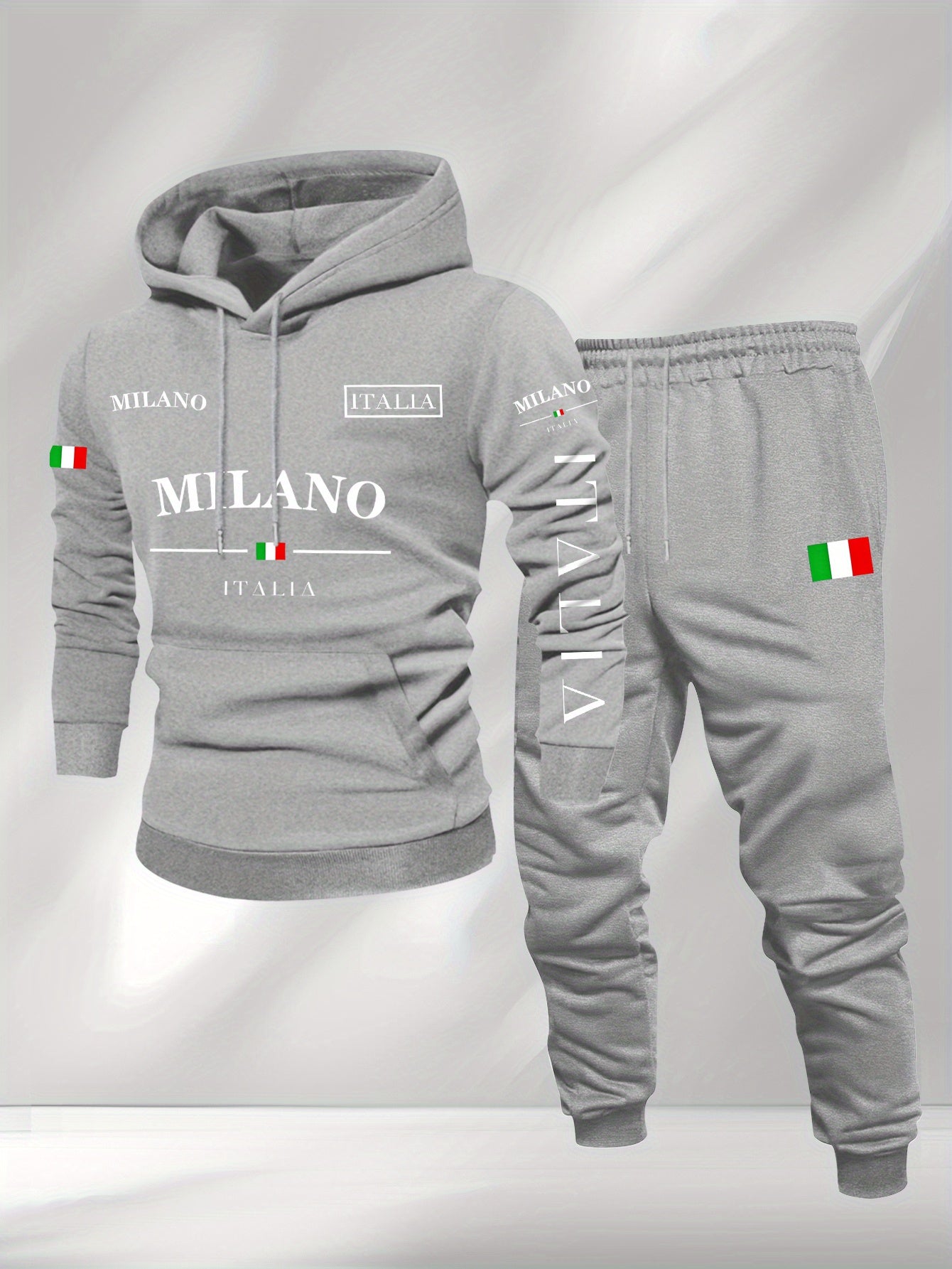 Men's Casual Color Matching Printed Hoodies Long Sleeved Sweatshirts & Sweatpants Two-Piece Set