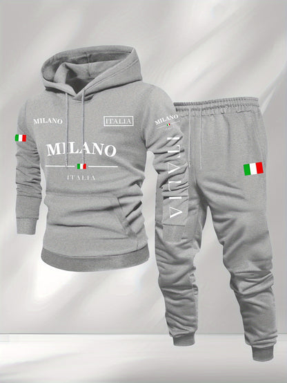Men's Casual Color Matching Printed Hoodies Long Sleeved Sweatshirts & Sweatpants Two-Piece Set
