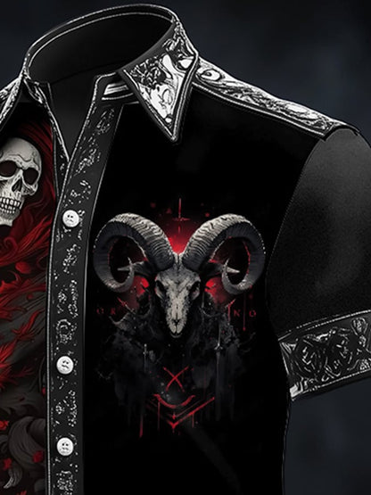 Men's Casual Dark Skull Demon Art Satin Shirt