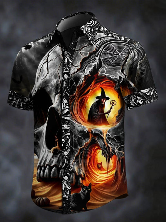 Men's Retro Skull Print Lapel Short Sleeve Shirt