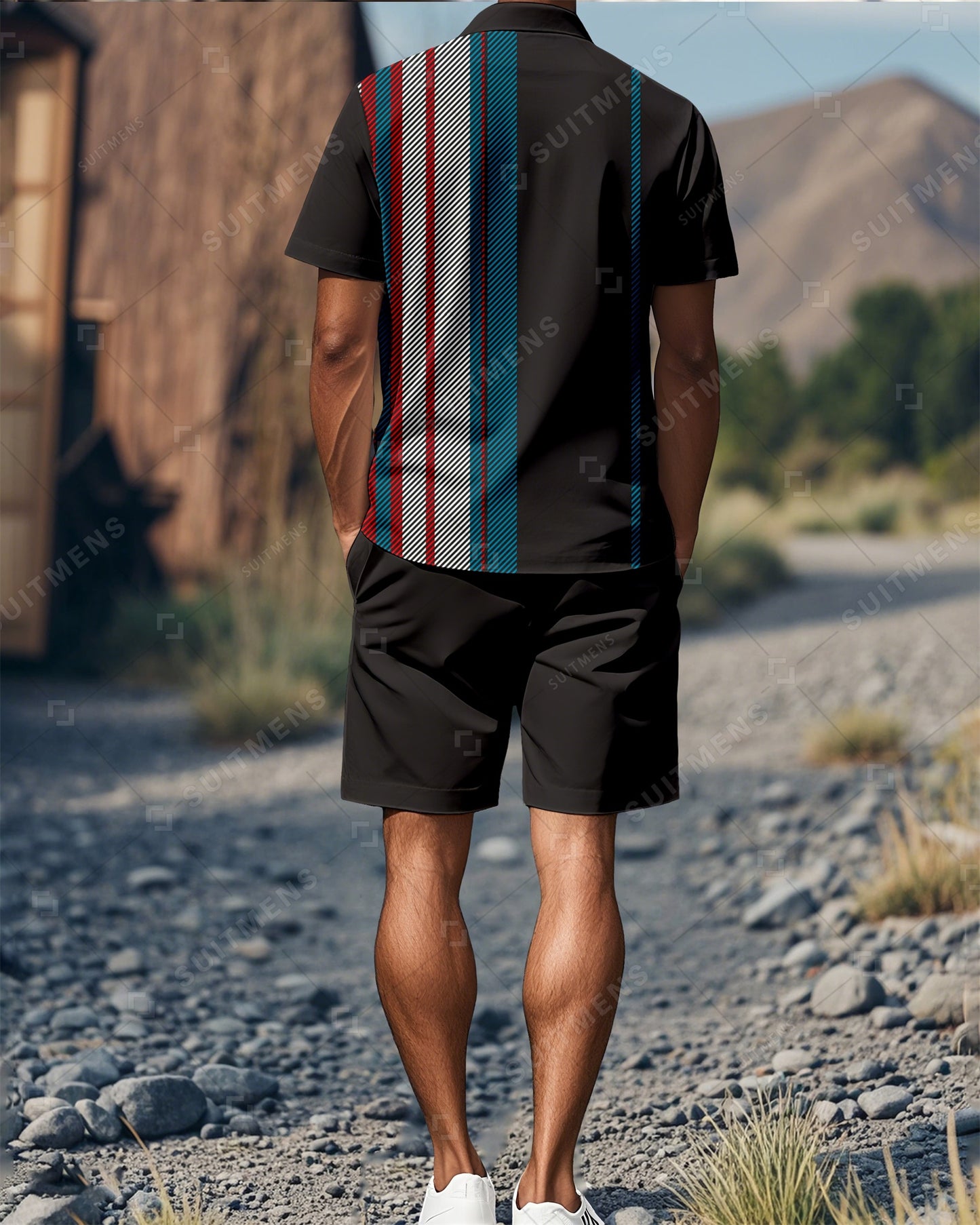 Men's Color Blocked Summer Polo Shorts Set 02