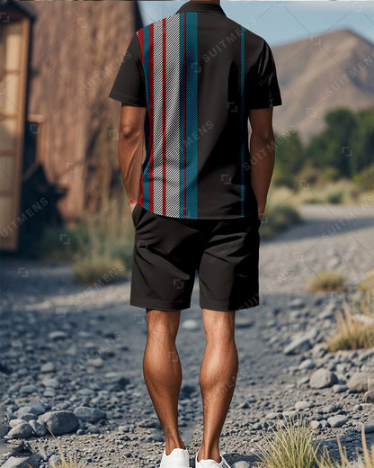 Men's Color Blocked Summer Polo Shorts Set 02