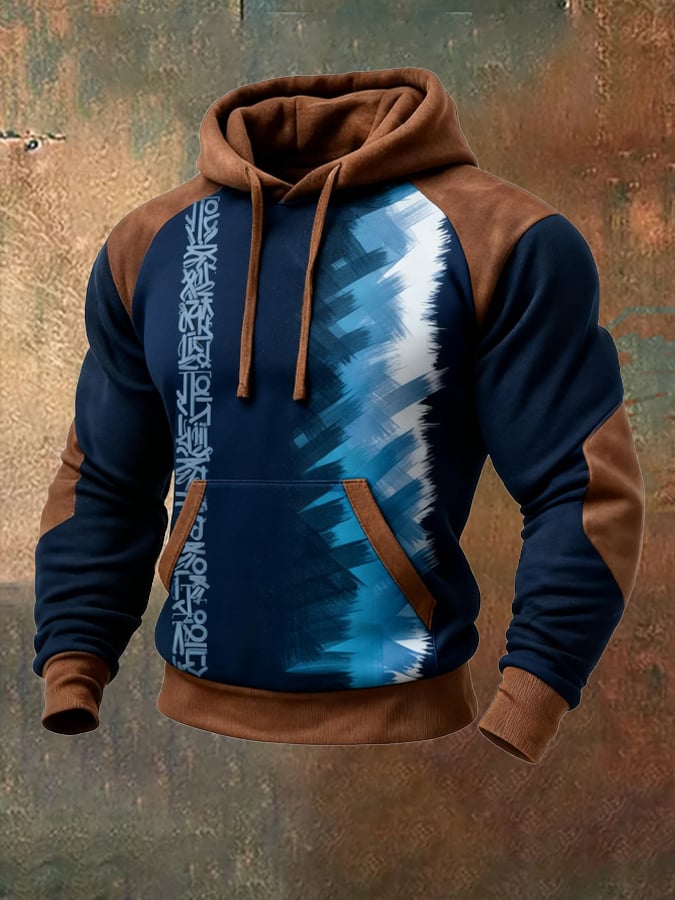 Men's Retro Distressed Color Block Print Casual Fur Collar Long Sleeve Sweatshirt