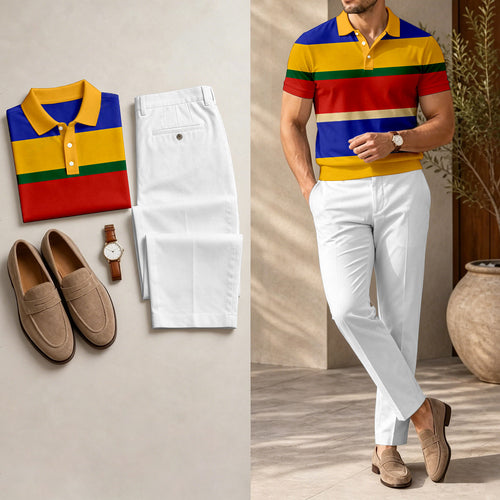 Men's Casual Color-Blocked Geometric Printed Polo Shirt And Pants Two-Piece Set