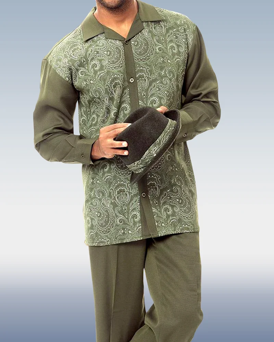 Men's Long Sleeve Trousers Green Cashew Blossom Two-Piece Walking Set 240