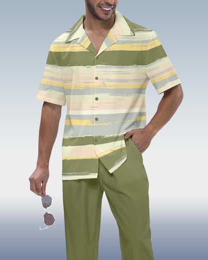 Men's Color Block Printed Short Sleeve Shirt Walking Suit 933